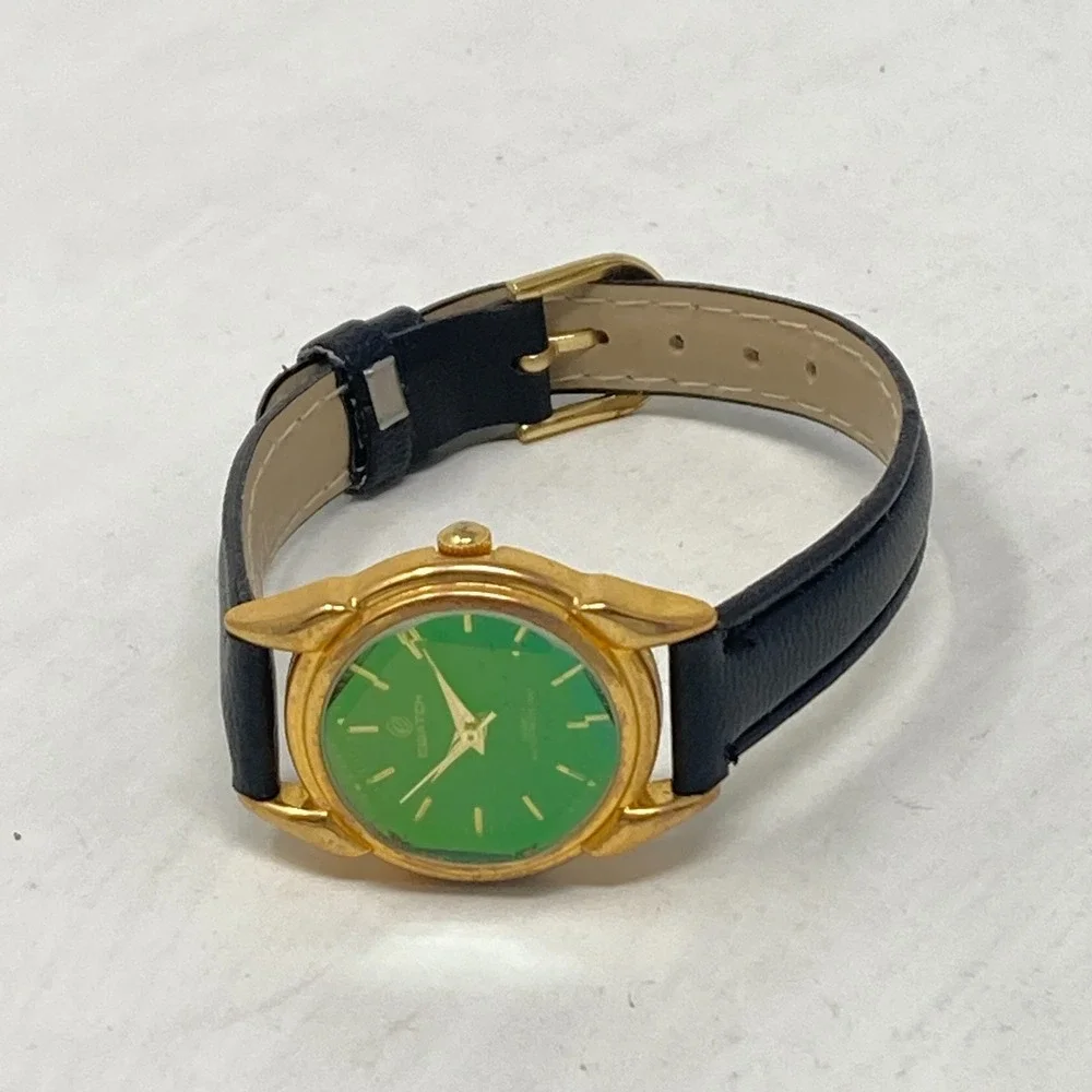 Ewatch Watch Women 25mm Gold Tone Green Dial Faceted Crystal New Battery 7.25